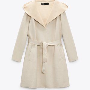 ZARA FAUX SUEDE HOODED LONG BELTED JACKET $89.90